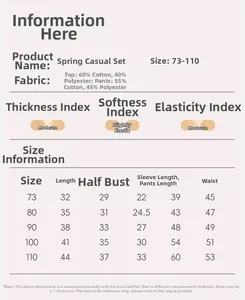 Detailed size chart for baby girls' spring casual sports set showing 73-110 cm measurements