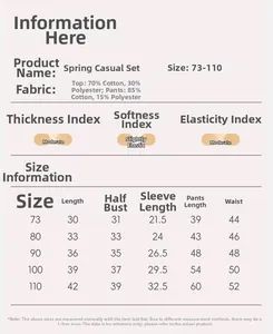 Detailed size chart for girls spring long sleeve outfit set including fabric and measurements