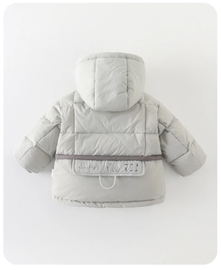 Detail of baby winter down jacket with horizontal quilting and Sunbegh back flap design