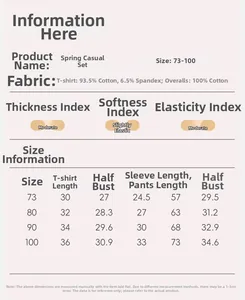 Guide des tailles pour ensemble de printemps bébé fille avec mesures du haut et du pantalon