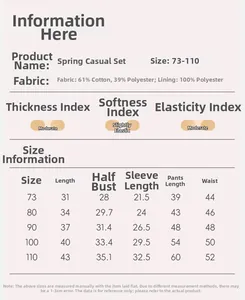 Size chart for girls spring leisure set with measurements for top length and cotton fabric