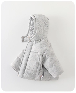 Detail of baby down jacket showing the hood, stand collar and liberta embroidery
