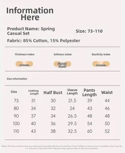 Detailed size chart for infant girls sportswear set including fabric and measurements