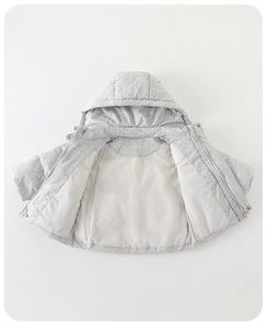 Close-up of baby puffer jacket with heather grey texture, hood and smooth lining detail