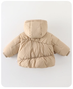 Detail view of khaki quilted baby winter jacket back with hood and ribbed cuffs