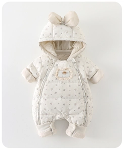 Detail of baby floral puffer romper with double zipper and cute hooded bow design