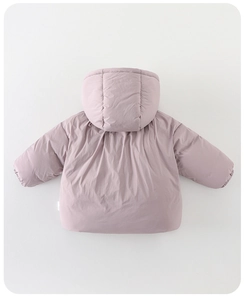 Rear view of a light purple hooded down jacket for toddlers with elastic cuffs