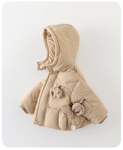 Detail of baby winter down jacket with cute plush elephant charms and ribbed cuffs