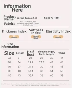 Detailed size chart for baby floral spring set featuring measurements and fabric material specs