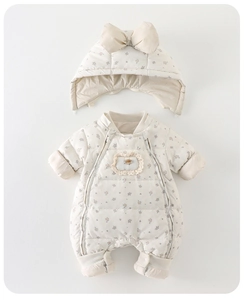 Detail of baby winter down romper with floral pattern, lace decor, and ribbed cuffs