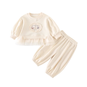 Ensemble fille en blanc cassé avec sweat à dentelle et pantalon à motif d'ours