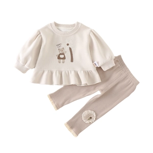 Baby girl ruffle hem sweatshirt and ribbed leggings set with Happy Cat bear print