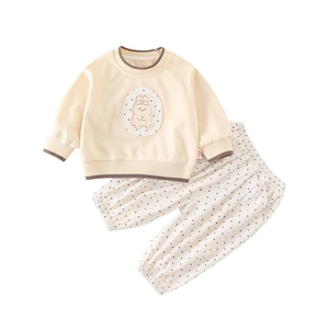 Infant girl spring set with yellow bunny sweatshirt and white polka dot pants