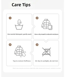 Care guide for baby down jacket with washing, drying and fluffing instructions