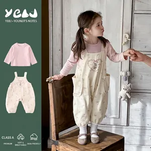Vêtements de Printemps en Coton pour Bébé Fille Haut Rose Manches Longues Salopette Fleurie Broderie Lapin Mignon
