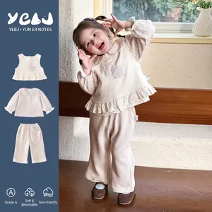 Ensemble de Vêtements Trois Pièces Printemps pour Bébés Filles Coton Floral Volant Haut Gilet Et Pantalon Tenues Décontractées