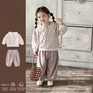 Toddler Girls Floral Print Long Sleeve Top And Purple Pants Two Piece Set With Lace Collar And Rabbit Patch Spring Clothes