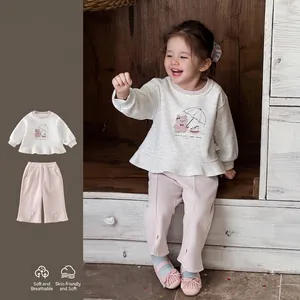 Toddler Girls Spring Outfit Cotton Blend Ruffle Hem Long Sleeve Sweatshirt Flare Pants Cartoon Bear Print Casual Clothing