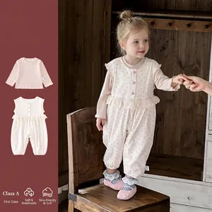 Ensemble 2 Pièces pour Bébé Fille Haut Rose Manches Longues Barboteuse à Fleurs avec Dentelle et Bretelles en Mélange de Coton
