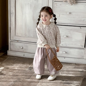 Toddler girl floral long-sleeve sweatshirt and lilac wide-leg pants two-piece spring set