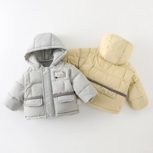 Thick winter hooded down jacket for toddlers in light grey and soft yellow colors