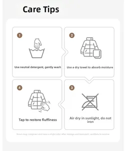 Detailed washing and care instructions for baby down romper showing hand wash steps
