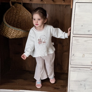 Toddler girl two-piece outfit featuring oatmeal sweatshirt with bear print and pink trousers