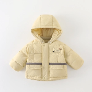 Thickened pale yellow hooded winter down jacket for toddlers with warm fleece lining