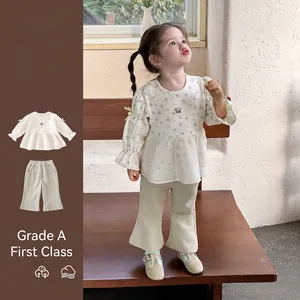 Toddler Baby Girl Spring Outfit Set Floral Print Doll Shirt And Flared Pants Soft Cotton Blend Clothes Top And Pants