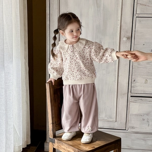 Toddler girls spring floral sweatshirt and pink wide-leg trousers set in soft cotton fabric