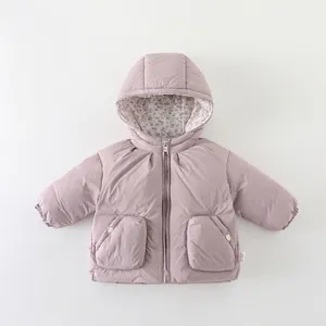 Toddler Baby Girl Winter Down Jacket Thickened Warm White Duck Down Outerwear With Floral Lined Hood Korean Style Quilted Coat