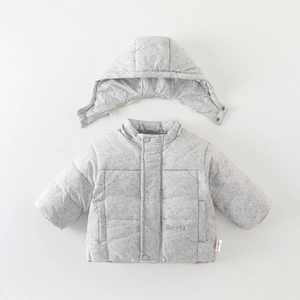 Quilted light grey baby winter jacket with detachable hood and soft standing collar
