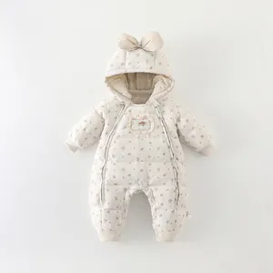 Baby Girl Winter Down Jumpsuit Floral Bow Hooded Warm Snowsuit Outdoor Romper Quilted White Duck Down Toddler Bodysuit