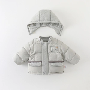 Thick light gray winter puffer jacket for toddlers with detachable hood and pockets