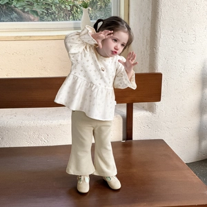 Toddler girl floral doll blouse and khaki flared pants two-piece spring outfit set