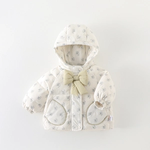 Doudoune à Capuche à Fleurs pour Bébé Fille Manteau Rembourré Chaud d'Hiver Avec Nœud Vêtements d'Extérieur Matelassés