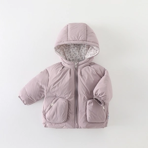 Lavender thick down jacket for baby girls with floral lined hood and warm winter insulation