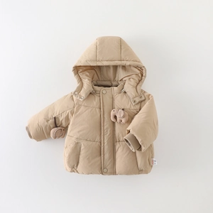 Toddler winter down jacket in beige featuring cute 3D elephant decor and hood
