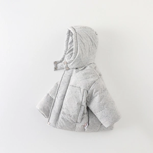 Thick light grey hooded baby down jacket with button closure and front pocket