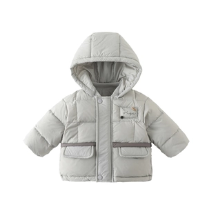Thick light grey hooded winter down jacket for toddlers with snap buttons and pockets