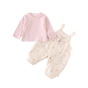 Ensemble haut rose manches longues et salopette fleurie avec motif lapin pour bébé