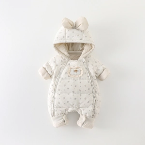 Thick infant winter hooded romper with floral pattern and large decorative bow detail