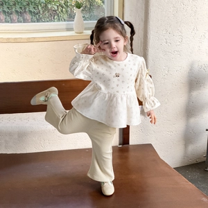 Spring baby girl floral blouse and flare pants set in beige waffle cotton fabric