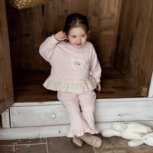 Pink toddler girl knit sweatshirt and flared pants set with heart lace and ruffle details