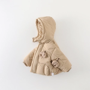 Winter khaki baby hooded down jacket with cute 3D elephant toy details and ribbed cuffs