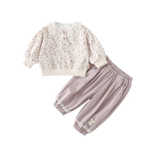 Floral baby girl long sleeve outfit set with Peter Pan lace collar and rabbit embroidery
