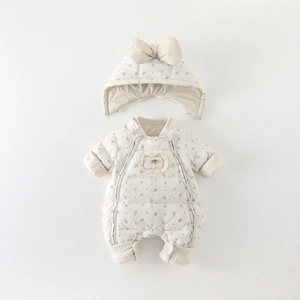 Winter infant floral down jumpsuit with matching bow hood in cream white finish