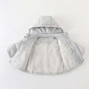 Thickened gray hooded down jacket for baby girls with warm lining and metal zipper