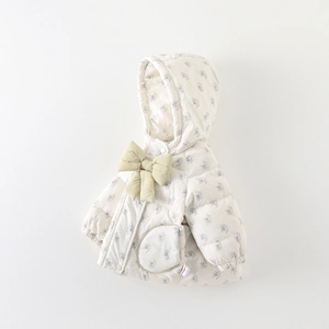 Veste à capuche hiver pour bébé fille motif floral et grand nœud kaki