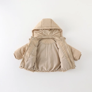 Winter infant hooded puffer jacket in khaki with zipper and ribbed windproof cuffs